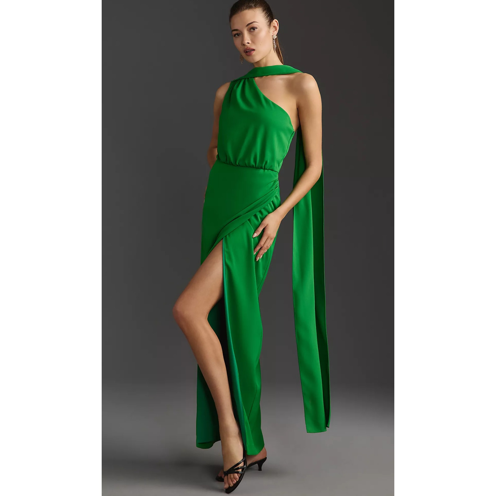 Black Halo Emerald Green One-Shoulder Maxi Dress With Draped Sash
